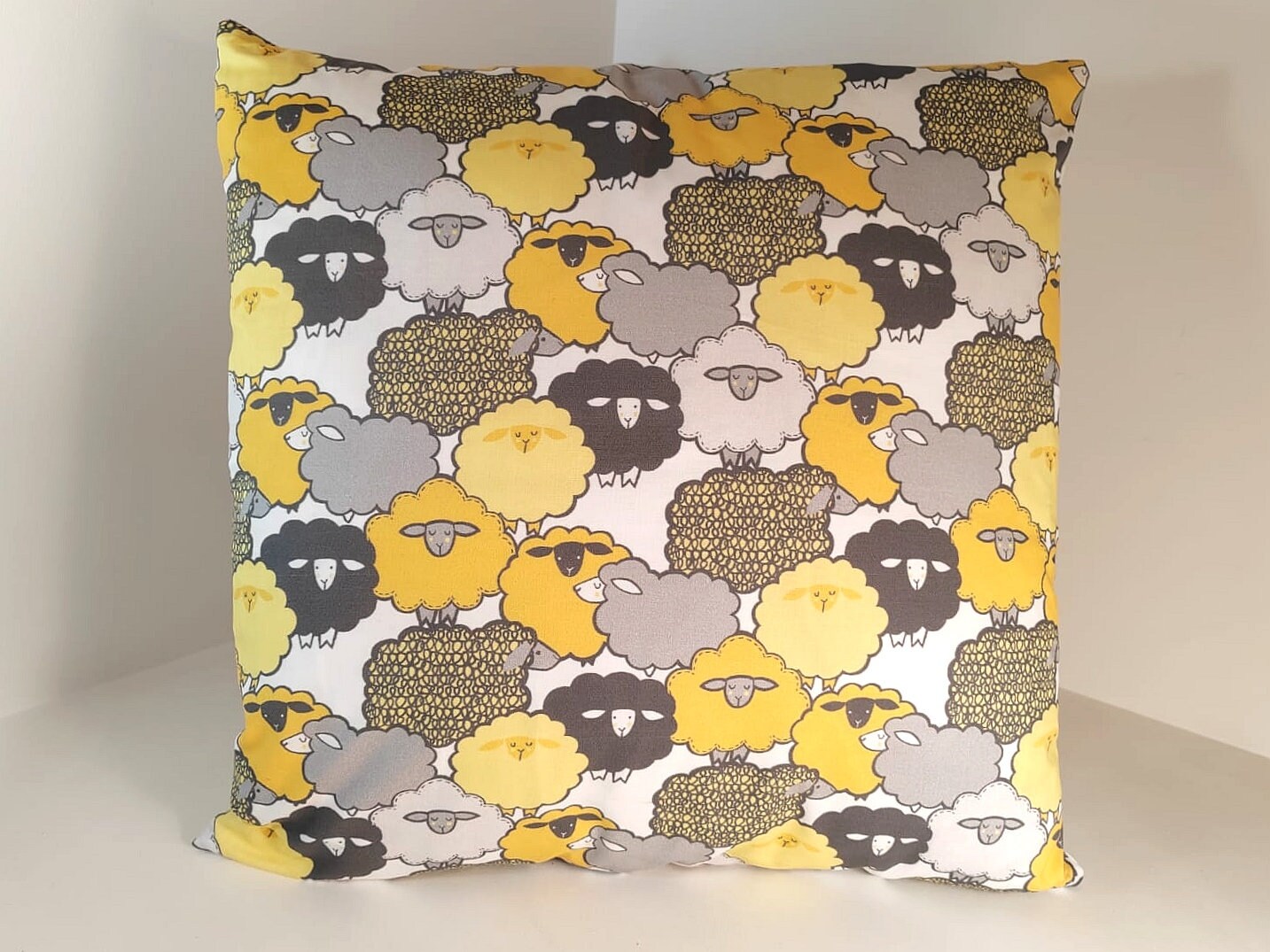 Sheep cushion in yellow and grey