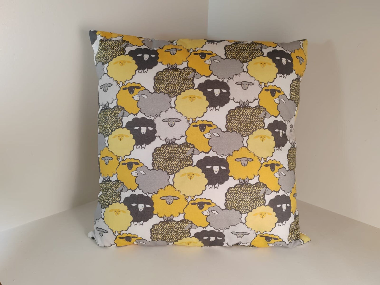 Sheep cushion in yellow and grey